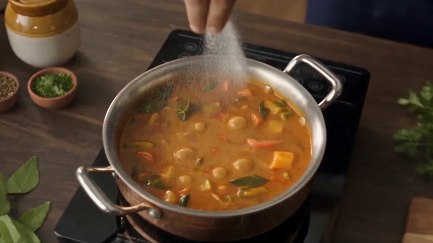 The real pot, a hand sprinkling salt into the curry
