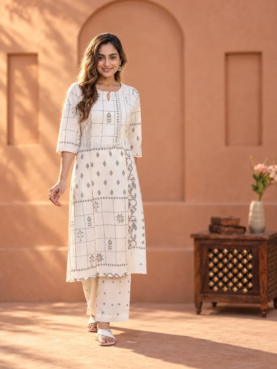 White check kurta against the arch wall