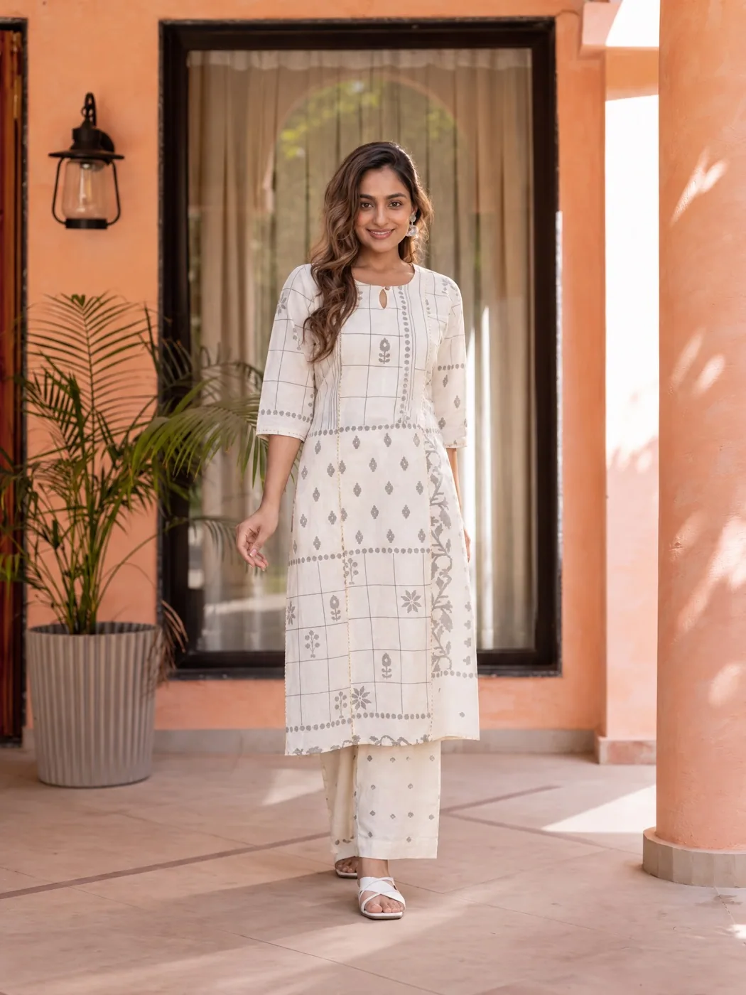 White check kurta in the courtyard