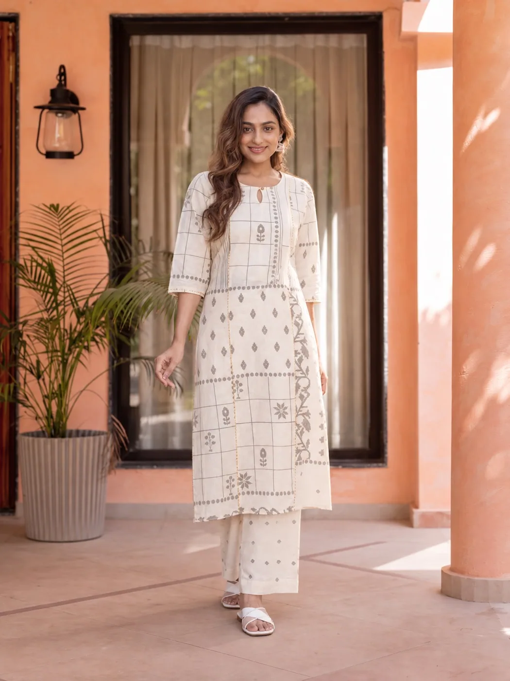 White check kurta on the step