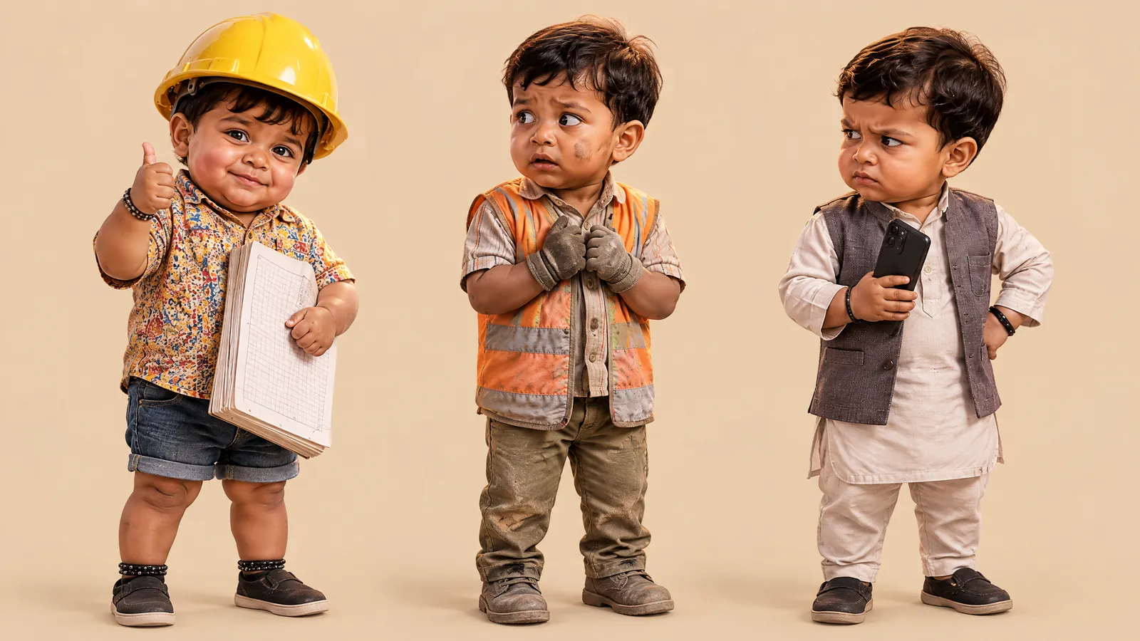 Character sheet of the three toddlers: contractor, labourer and munshi
