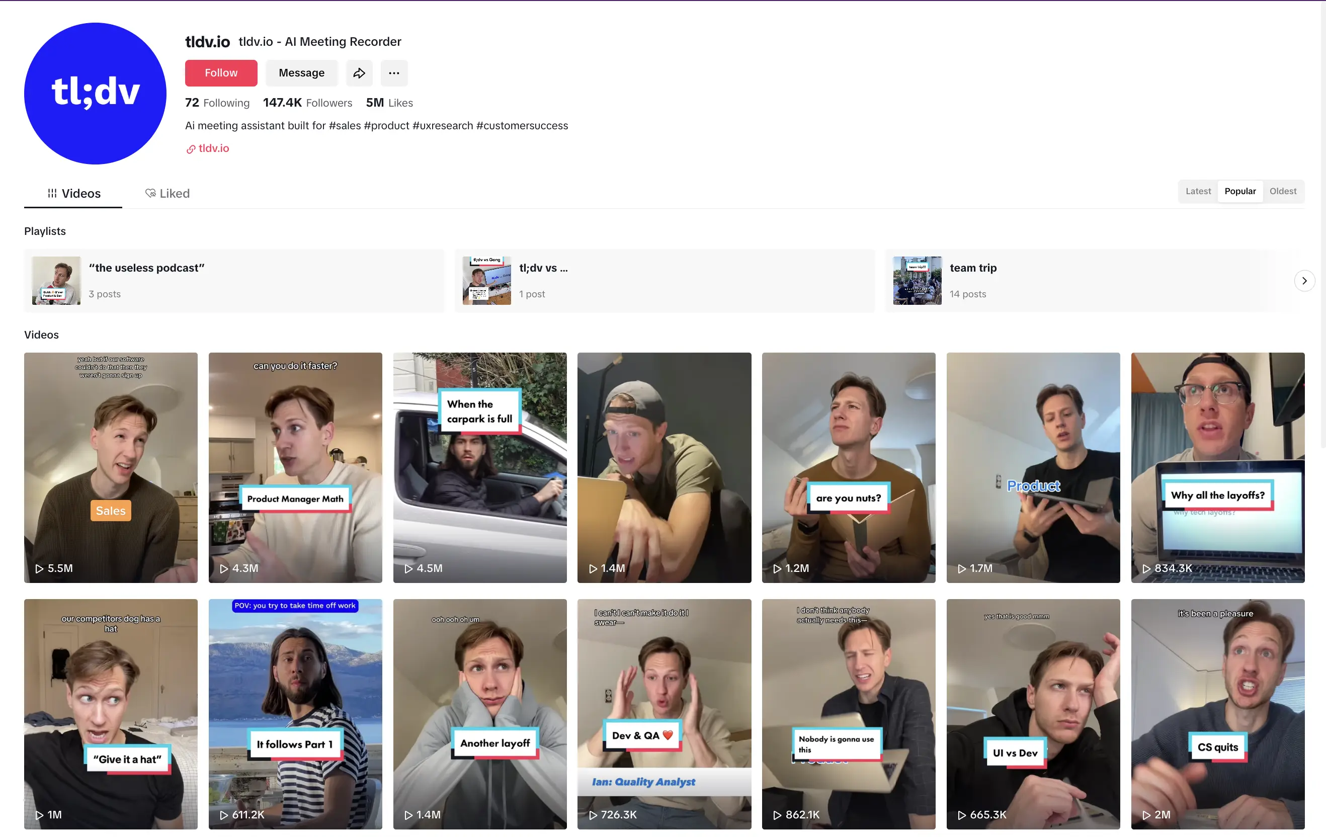 tl;dv English TikTok Performance